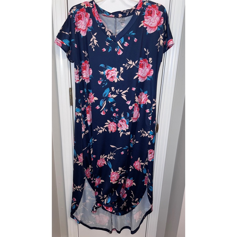 Tickled Teal Navy Floral Rose V-Neck Knot Front High Low Maxi Dress Womens Small